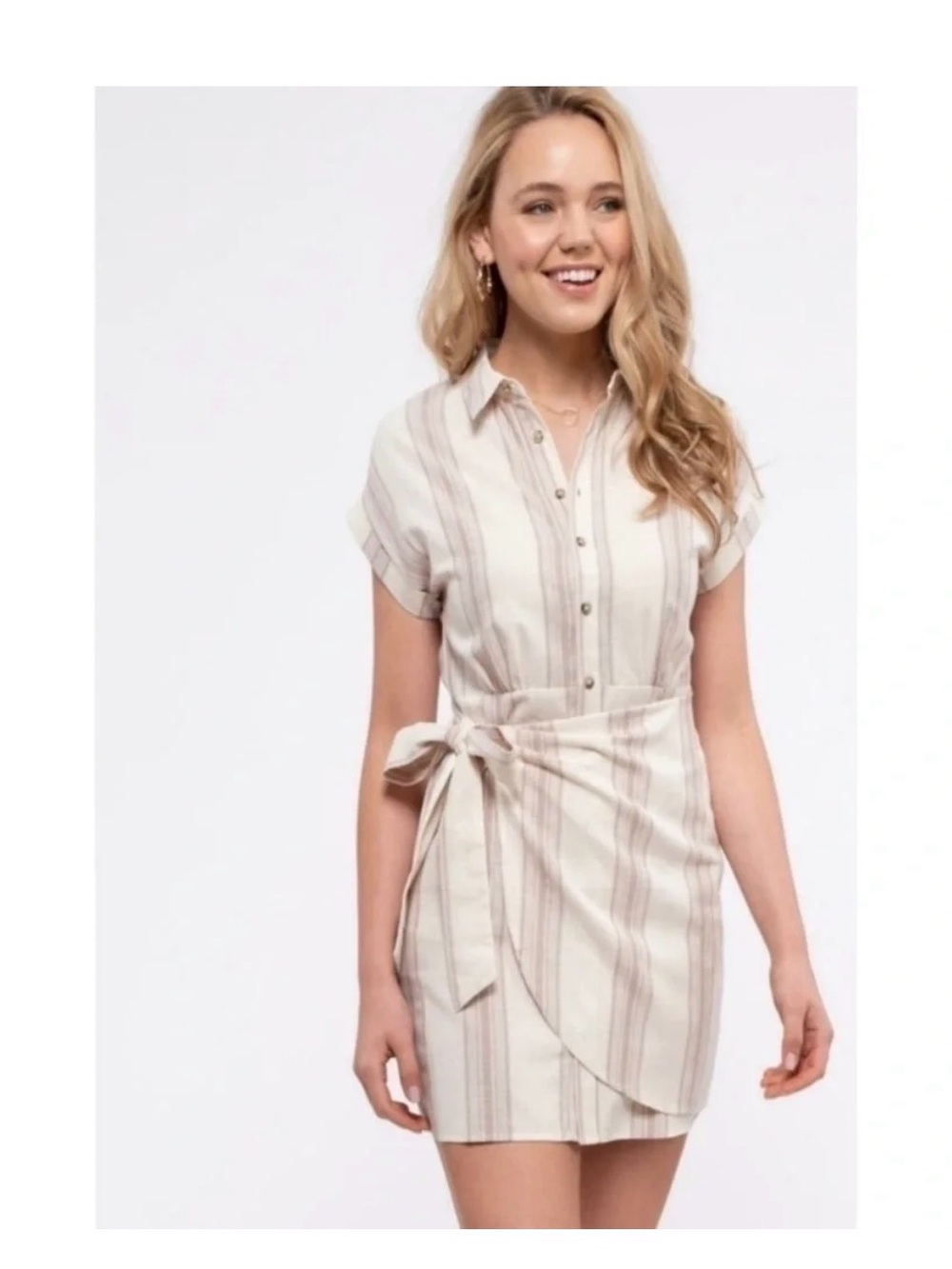 Vici Goldie Cotton Cream Striped Button Down Short-Sleeve Wrap Dress